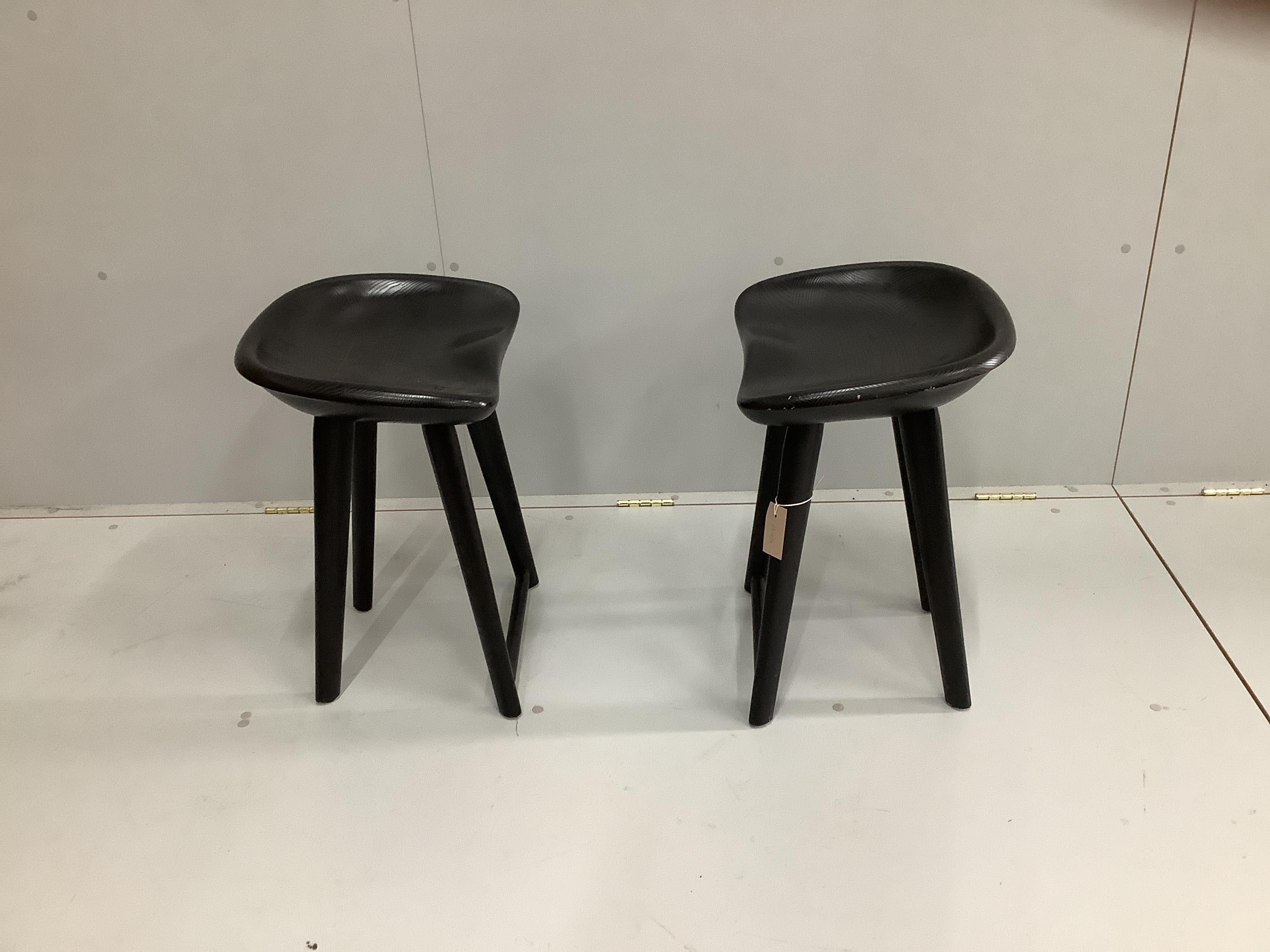 A pair of Craig Bassam and Scott Fellows black lacquer ash stools, width 43cm, depth 34cm, height 56cm